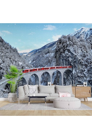 Köprü Ve Tren Dağ Manzaralı Duvar Kağıdı 1 M²