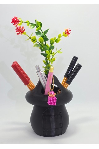 Kalemlik Siyah Sima Mantar Çiçekli Üç Gözlü Kalemlik Düzenleyici Siyah