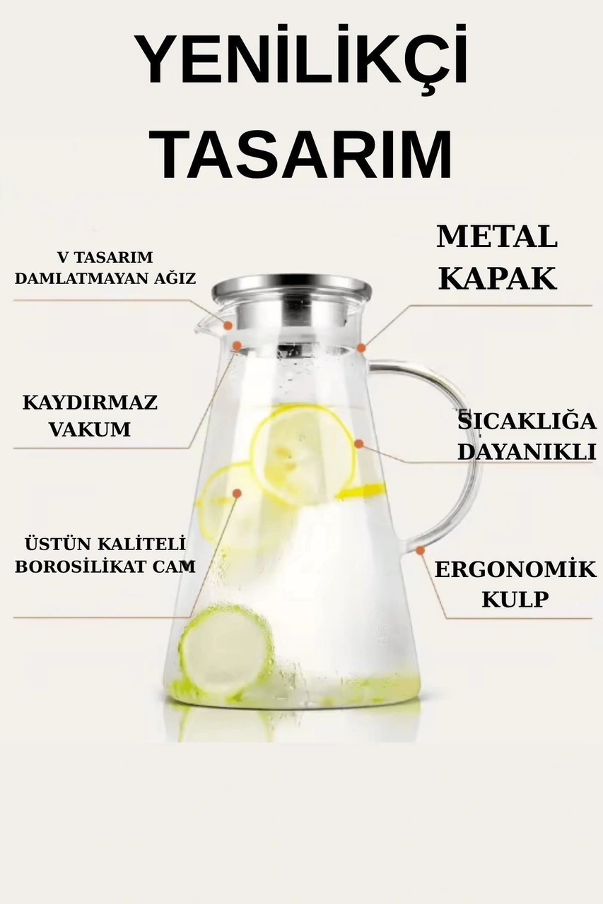 Metal Kapaklı Borosilikat Cam Sürahi 1.8 Litre