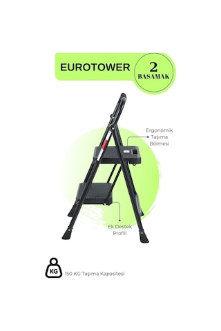 Eurotower 2 Basamak Özel Tasarım Geniş Basamaklı Siyah Merdiven 3+1