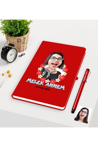 Kişiye Özel Melek Annem Karikatürlü Kırmızı Defter Kalem Seti Kırmızı