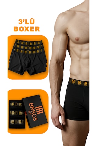 Maksfd Erkek 3 Lü Pamuklu Boxer Set Rahat Ve Esnek İç Giyim Erkek Boxer - Brros Modeli Siyah