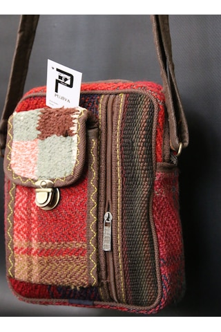 Pujiva-etnik Tarz Kilim Desenli, Fermuarlı, Tokalı, Üç Cebli, Mix Renk Omuz Çanta, Telefonluk En 20 Boy 25 Kiremit - Kahverengi