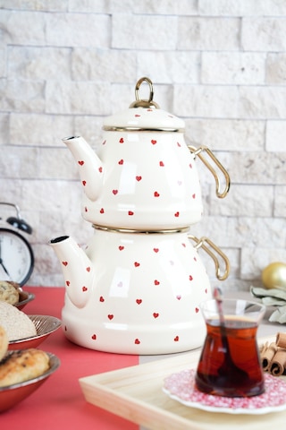 Lady Chef Kalp Desenli Emaye Çaydanlık Takımı