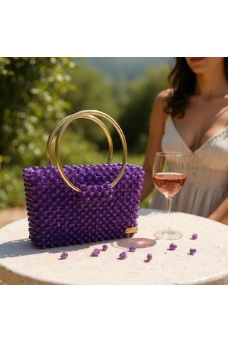 Plentiful İnci Boncuk Çanta, Abiye , Gece , Düğün, Gelin,nişan Çantası Mor
