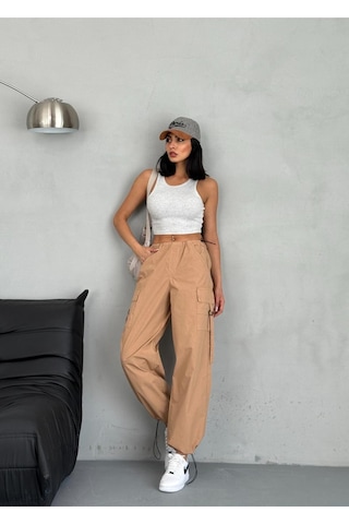 Paraşüt Kumaş Kargo Cepli Pantolon Kahverengi+camel