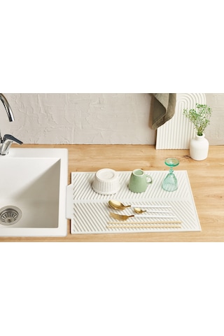 Rotanev Beyaz Büyük Boy Silikon Su Toplamaz Bulaşık Kurutma Matı Bulaşıklık - Bulaşık Altlığı 44 X 33 Cm Krem