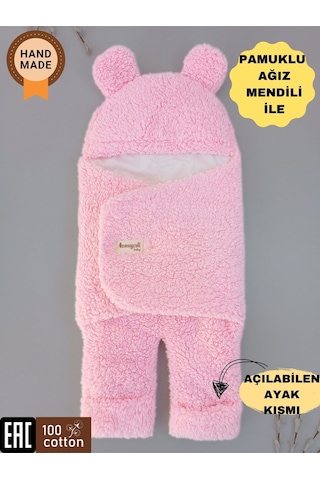 Bebek Dış Kundak Battaniyesi Welsoft Ekstra Uzun Kışlık Peluş Ayakları Açılabilen Uyku Tulumu 0-12ay Pembe