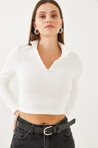 Shade Kadın Balıkçı Yaka Yarım Fermuarlı Fitilli Crop Bluz 60351019 - Beyaz