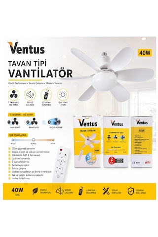 Ventus Sessiz Çalışma 6 Kanat Ve Işıklı Uzaktan Kumandalı Tavan Tipi Vantilatör-tavan Fanı 40w