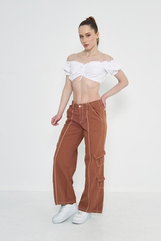 Kutaf Camel Kargo Cepli Dikiş Detaylı Yüksek Bel Wide Leg Pantolon Kahverengi
