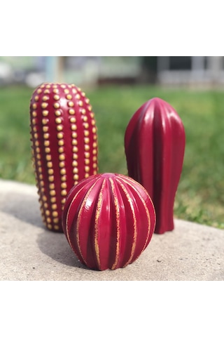 Thiramis Homeconcept Dekoratif 3'lü Kaktüs Bordo Gold Detay