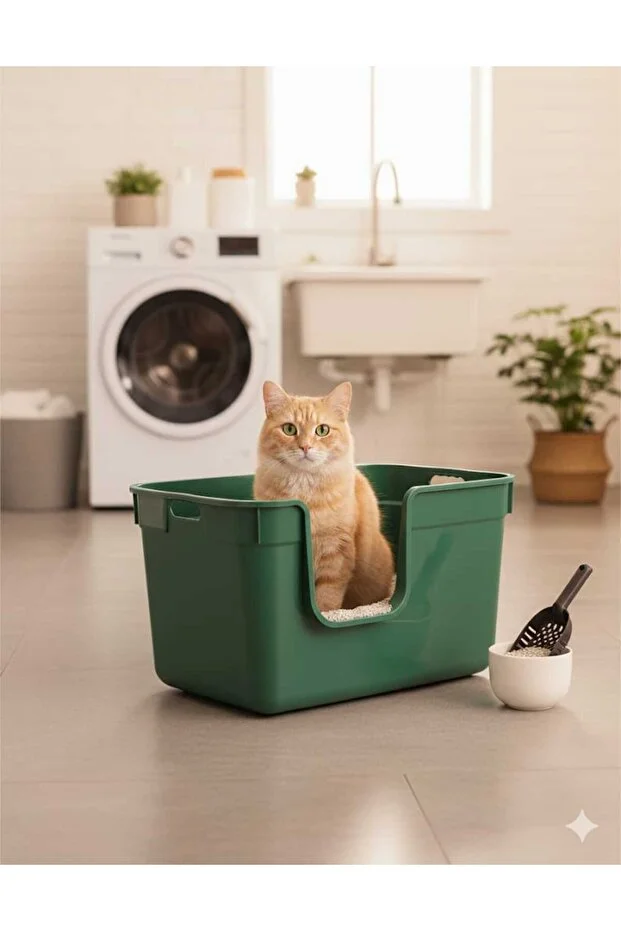 Tanos Dekoratif Büyük Yarı Kapalı Kedi Tuvaleti Kürek Hediyeli