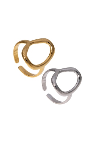 Vkemall Titanium Çelik Açık Uyarlanabilir Yüzük Seti 2 Adet - Irregular Yuvarlak Desen - Altın+gümüş - Şık Ve Basit Tasarım - Her Zaman Parlak Gold