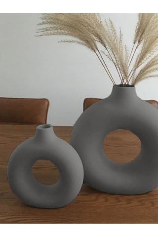 Halka Bohem Vazo 2'li Dekoratif Donut Vase Gri