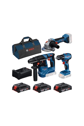 Bosch Professional GBH 18V-18 + GSR 185-lı + GWS 18V-8 + Kanvas Çanta + 3x18V 2.0AH Akülü Set