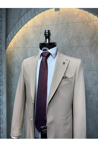 Dupont Classics Dupont Slim Fit Sivri Yaka 6 Drop Çift Yırtmaç Torba Cep Puntolu 2'li Takım Elbise Krem