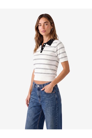 Koton Regular Fit Düğmeli Kısa Kollu Polo Yaka Çizgili Triko Tişört Lacivert Çizgili 7wak90379ht