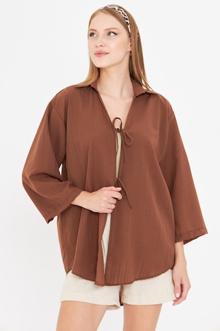Armonika Kadın Kahve Gömlek Yakalı Önden Bağcıklı Kimono Gömlek Arm-25k001006 Kahverengi