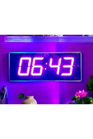 Sanec Wifi Senkronize Dijital Led Duvar Ve Masa Saat Derece Otomatik İnternet Saat Ayarlı, Mor Led, 16x40 Cm Mor