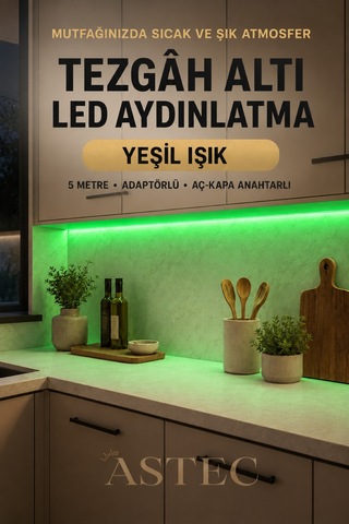 Astec Mutfak Dolabı Tezgah Üstü İçin 5 Metre Yeşil Renk 12v Adaptörlü Aç Kapa Anahtarlı Şerit Led Işık