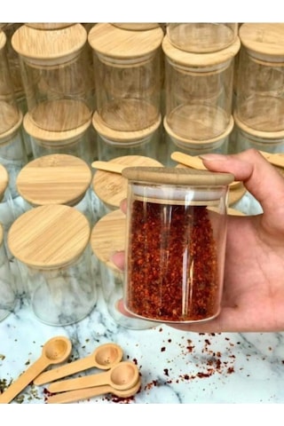 Bambu Kapaklı Cam Baharatlık Ve Kaşık Seti 6 Adet Ahşap Kaşıklı Şeffaf