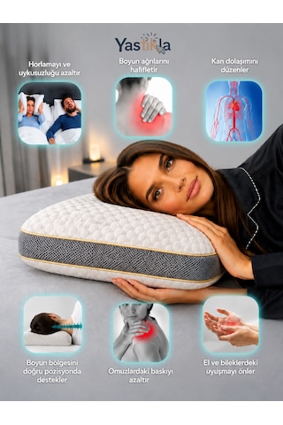 Nefes Alabilen 3d Kumaşlı Boyun Destekli Ortopedik Hafızalı Visco Sabun Yastık 60x40x14 Cm Beyaz - Antrasit