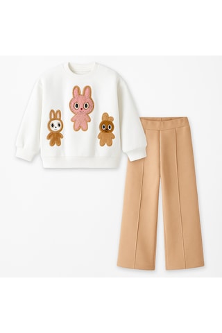 Kız Çocuk 3 İplik Şardonlu Peluş Baskı Detaylı Sweatshirt - Eşofman Alt Üst Takım 3riple Ekru