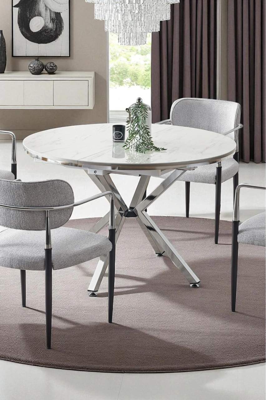 Dengema Zenit Plus Açılır Yuvarlak Masa Takımı Beyaz Mermer Krom Ayak Ø120 160 Cm, 4 Sandalye Beyaz Mermer - Krom Ayak