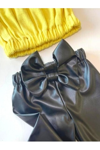 Özge Başaran Kız Çocuk, Likralı Deri Fiyonk Detaylı Pantolon, Sarı Straplez Crop Bluz Ve Saç Sarı