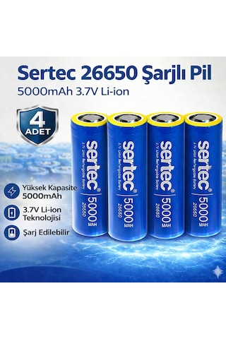 Sertec 26650 Şarjlı Pil 5000mah 3.7v Li-ion Başlıksız Düz 4lü