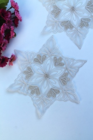 6 Adet Yıldız Motifli Krem Gold Simli Bardak Altlığı & Kokteyl Beyaz