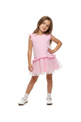 Toontoy Kids Toontoy Kız Çocuk Regular Fit Bisiklet Yaka Fırfır Kol Fiyonk Detaylı Tüllü Elbise 25047 Pembe