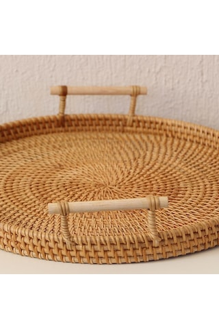 Bohem Rattan Kulplu Hasır Tepsi 35, Iskandinav, Modern