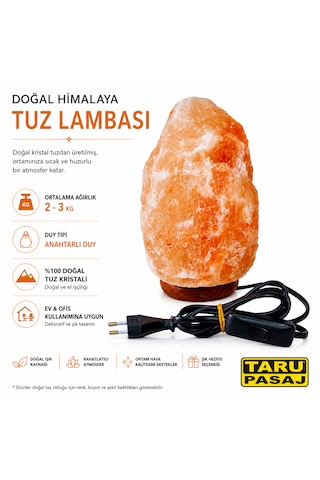 Doğal Himalaya Tuz Lambası 2-3kg Anahtarlı Duy %100 Doğal Tuz Kristali Ev, Ofis Ve Dekoratif Gece Lambası
