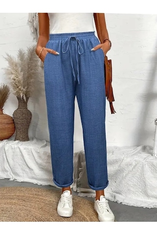 Simala Kadın Yüksek Bel Lastikli Belde Bağcık Detaylı Aerobin Pantolon Mavi