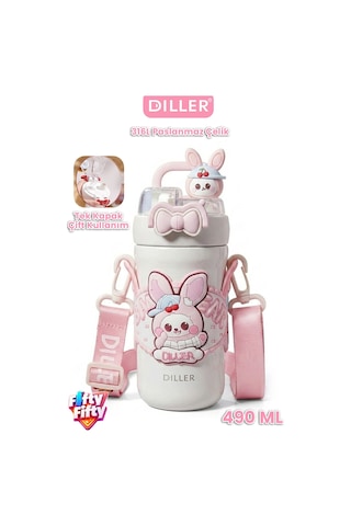 Dıller 490 Ml Tek Kapak Çift Kullanım Pipetli/pipetsiz Boyun Askılı Çelik Termos -ffdıllerd490ml Pembe