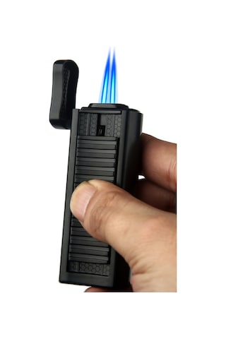 Quantoro Çift Torch Pürmüz Siyah Metal Puro Çakmağı - Trz1139