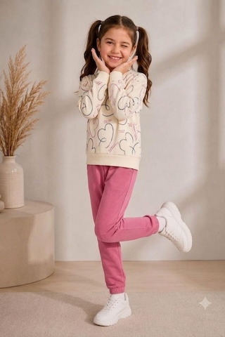 Pina Kids Kız Çocuk Kalpli Desenli Okul Günlük Eşofman Takımı Esf7035 Pembe