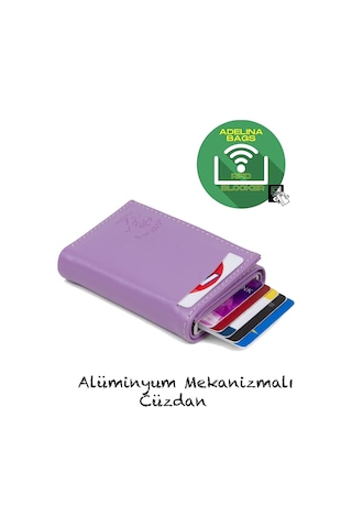 Adelina Bags Newish Adelina Nova Deri Mekanizmalı Otomatik Kızaklı Kartlık Cüzdan Lila