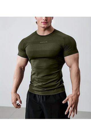 Ghassy Co. Erkek Nem Emici Hızlı Kuruyan Renk Solmayan Atletik Teknik Fitness Spor T-shirt Haki