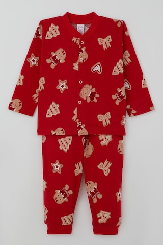 Breeze Kız Bebek Pijama Takımı Sevimli Kurabiye Bebek & Fiyonk Desenli Önden Çıtçıtlı 4 Ay - 1 Yaş , Kırmızı