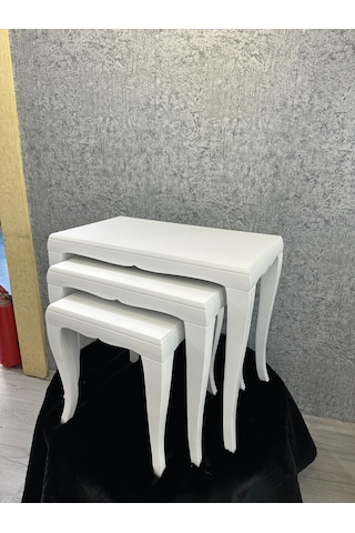 Ahşap Cilalı Beyaz Zigon Sehpa 3 Lü Set