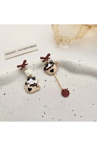 Skycity Asimetrik Kedi Ve Bardak Tasarımlı Şık Küpeler - Benzersiz Tarz İfadesi Diğer Çok Renkli