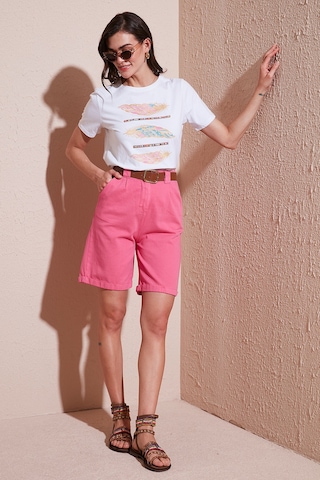 Lela Pamuklu Relaxed Fit Yüksel Bel Kemerli Gabardin Short Bayan Şort 668Yp4710 Fuşya