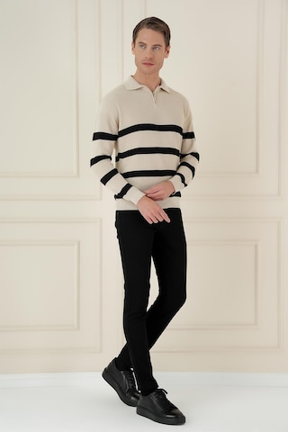 Efor Slim Fit Çizgili Fermuarlı Polo Yaka Bej Triko Kazak Tr 877 Bej
