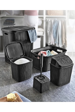 Dalgalı 5 Parça Banyo Seti Kirli Çamaşır Sepeti Deterjanlık Çöp Kovası Temiz Çamaşır Sepeti Çeyizlik Siyah Siyah