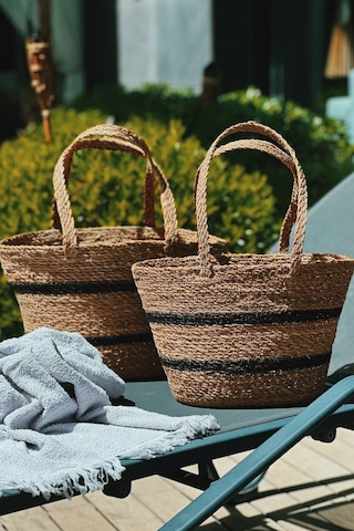 Orta Boy %100 Natural Bodrum Siyah Hasır Şeritli Plaj Ve Pazar Çantası Siyah