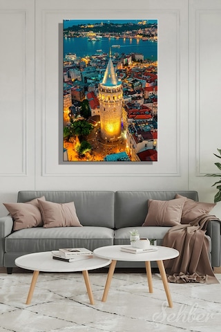 Kanvas Tablo İstanbul'daki Galata Kulesi Gece Manzarası Dikey Salon Tablosu - 4800 Çok Renkli