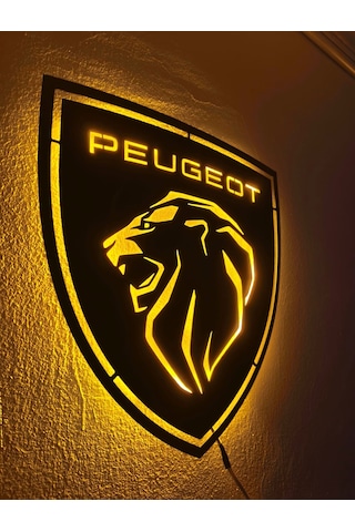 Motto Dekor Metal Amber Led Işıklı Peugeot Armalı Pejo Armalı Duvar Dekoru Duvar Aydınlatması Siyah